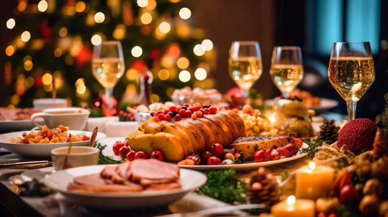 tavola imbandita per il pranzo di natale con di sfondo un albero di natale
